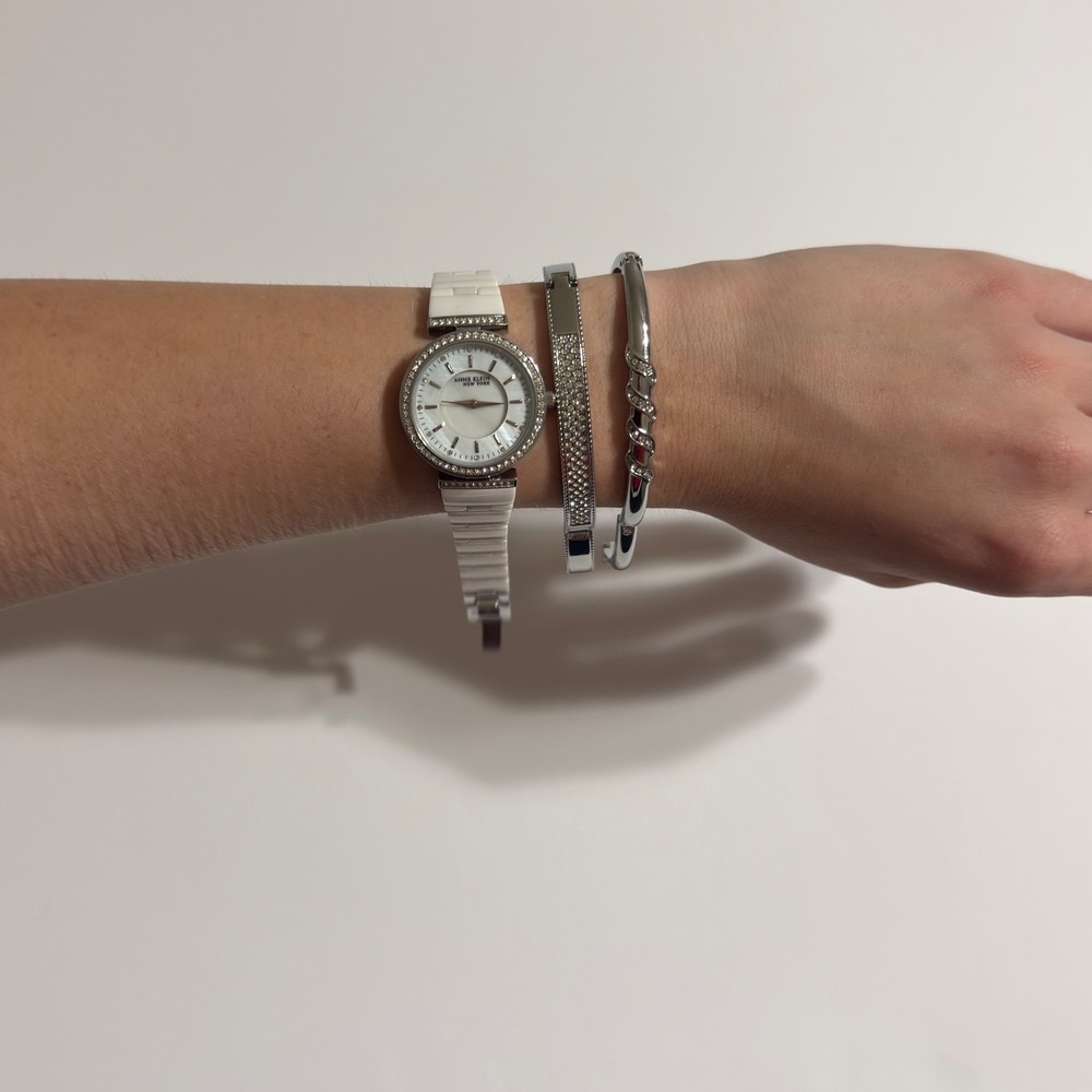 Anne Klein New York White Ceramic Watch and Silver Tone Crystal Bangle Set